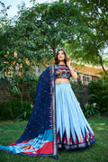 Vastranavya Printed and Foil Work Tussar Silk Lehenga with Unstitched Blouse - Sky Blue