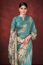 Sky Blue Poly Habotai Silk Foil Print Saree with Unstitched Blouse - Kathari