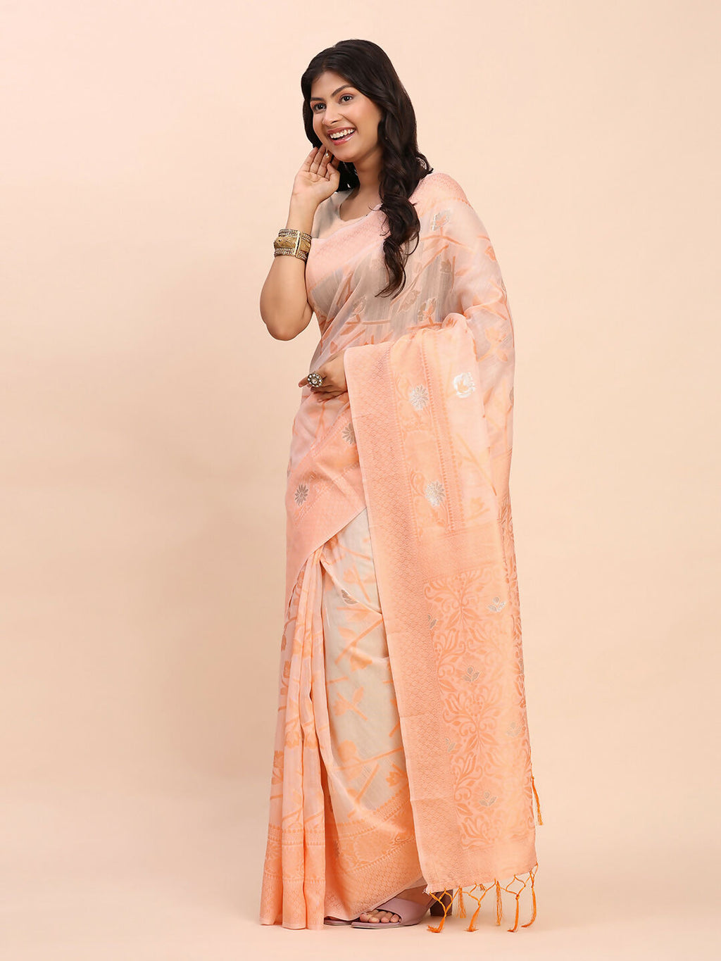 Shree Shyam Fashion Linen Cotton Peach Saree - Distacart
