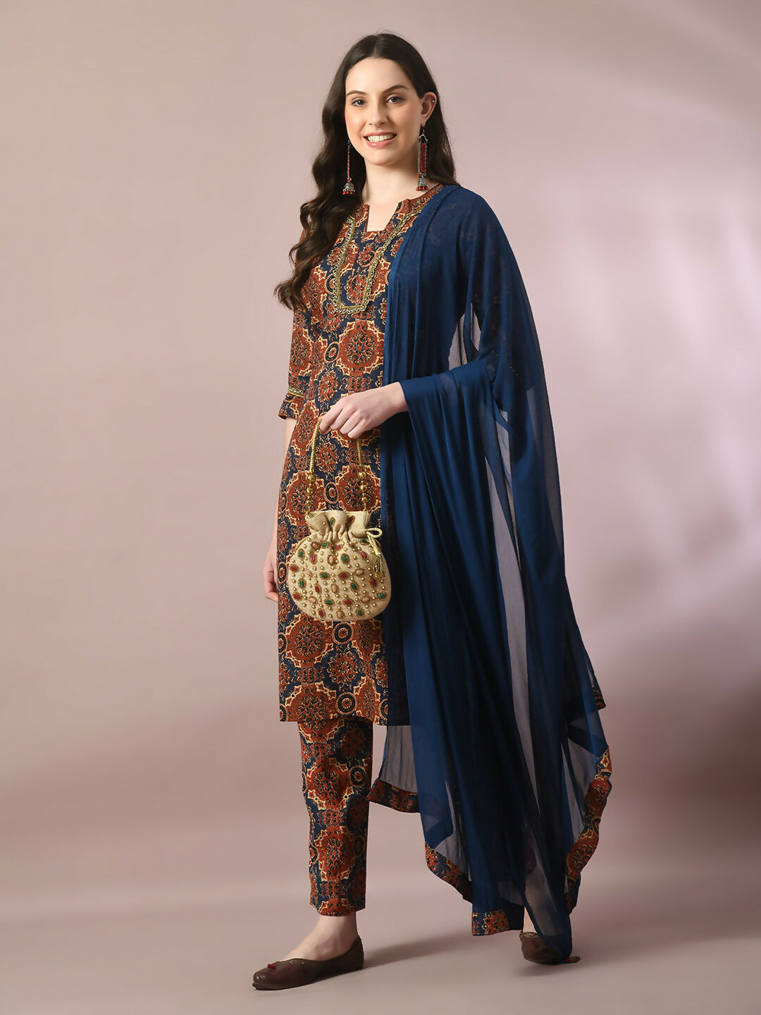 Myshka Women's Multi Printed Cotton Straight Party Kurta Set With Dupatta