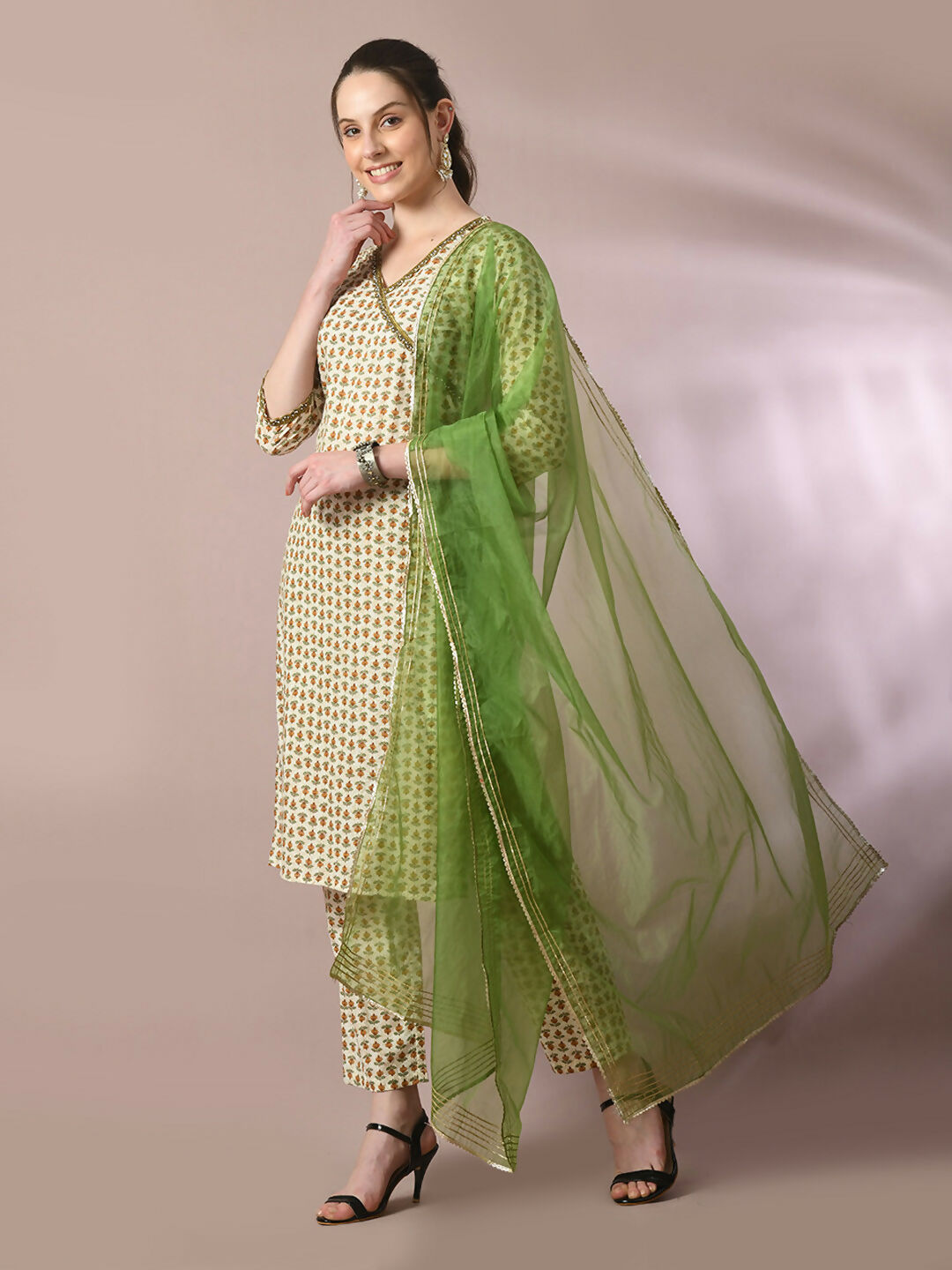 Myshka Women's Multi Printed Cotton Straight Party Kurta Set With Dupatta