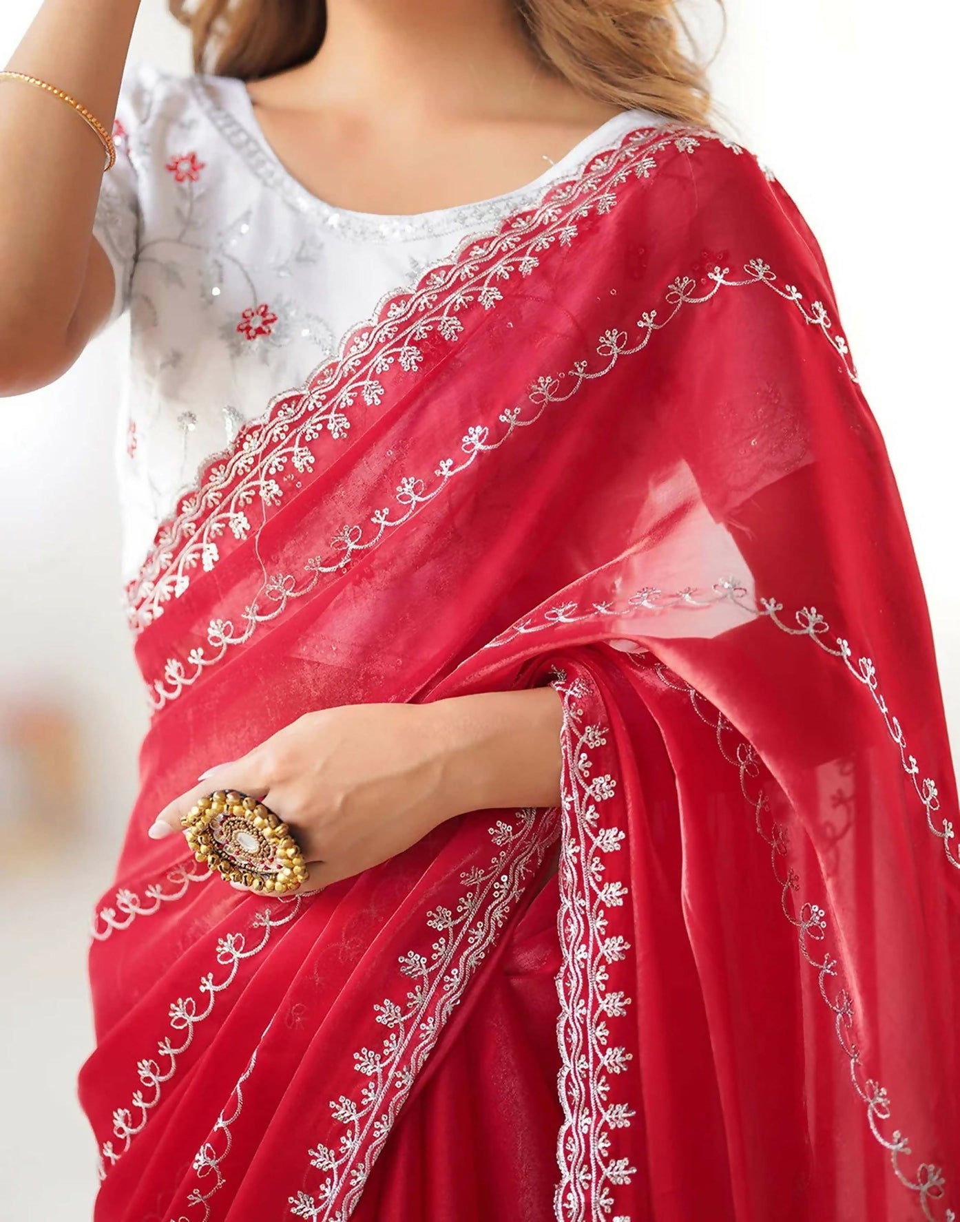 Joban Fashion Tissue Silk Red & Silver Embroidery Saree - Distacart