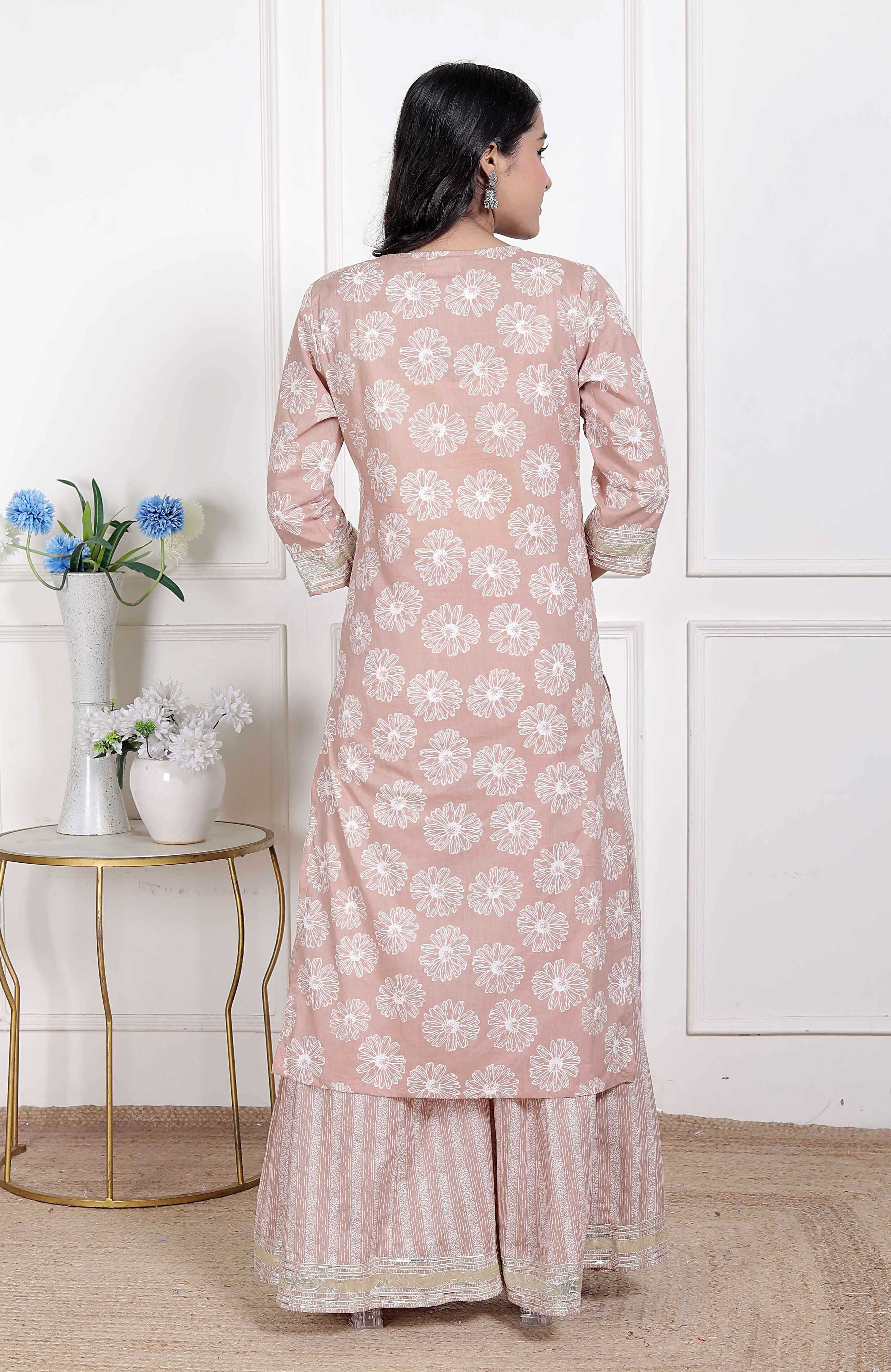 Miravan Women Brown Floral Printed Straight Ethnic Kurta with Palazzo