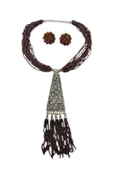 Inhanns Day-To-Dinner Tie Shaped Oxidized Black Metal Multi-Layered Long Necklace Set - Coffee
