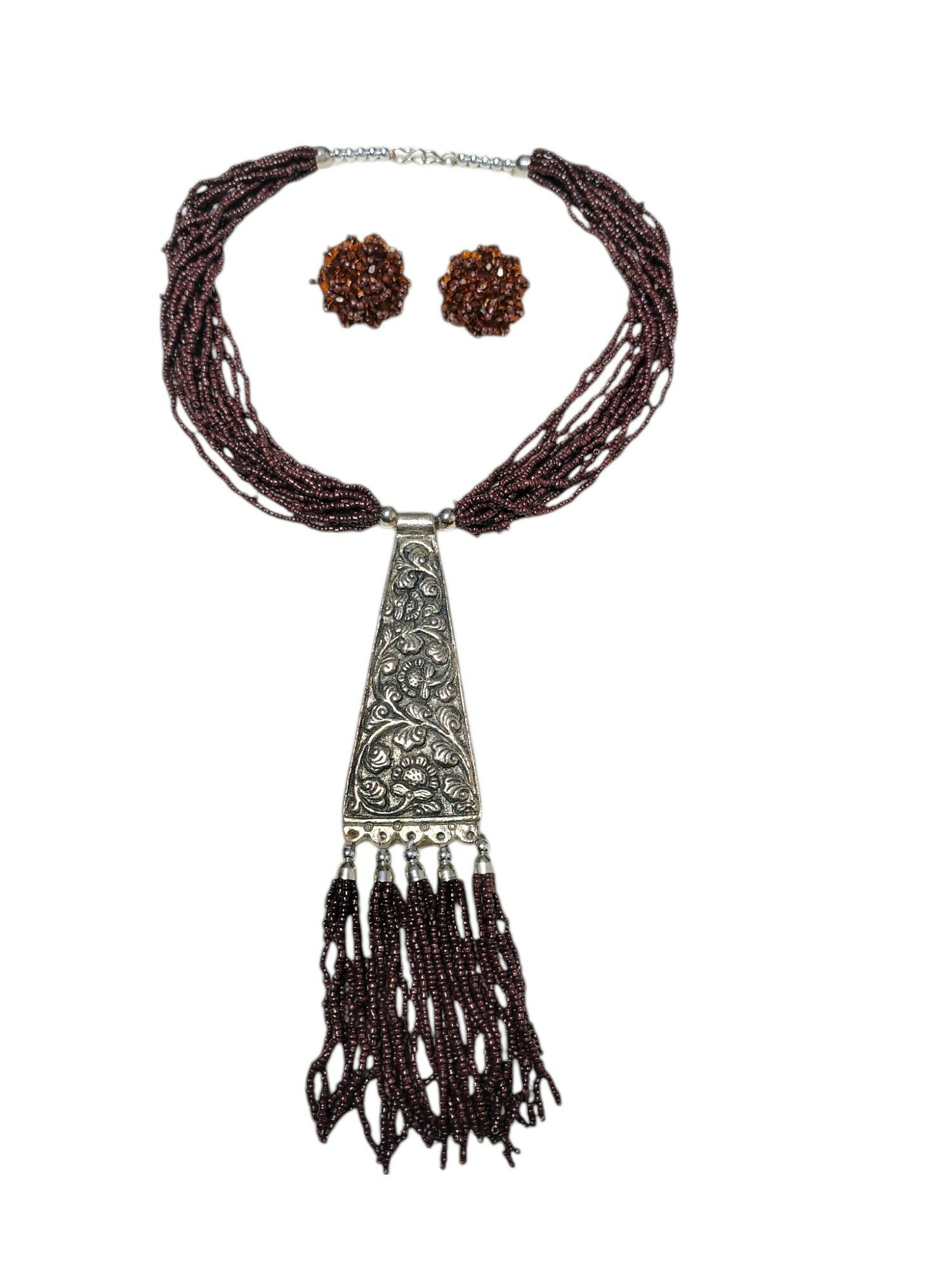 Inhanns Day-To-Dinner Tie Shaped Oxidized Black Metal Multi-Layered Long Necklace Set - Coffee
