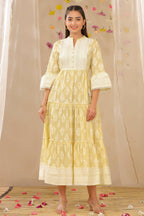 Juniper Womens Limeyellow Cambric Printed Tiered Dress With Flared Sleeve - Distacart