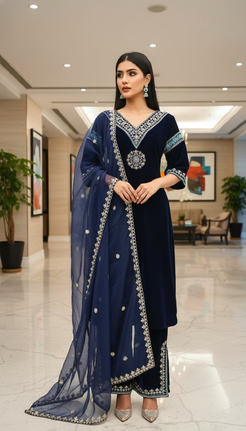Joban Fashion Blue Kurta Set Velvet Embroidery Sequence Work - Distacart