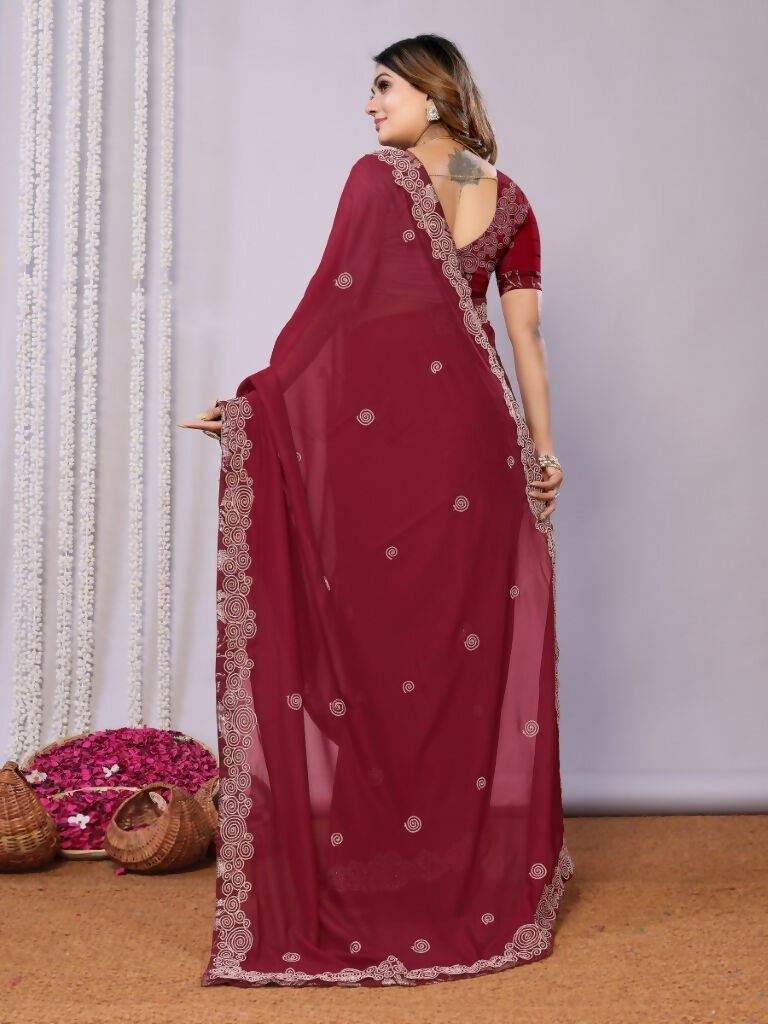 Maroon Silk Georgette Cord Embroidery Saree - Norita Saumya