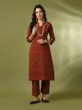 Myshka Women's Rust Printed Cotton Straight Party Kurta Set