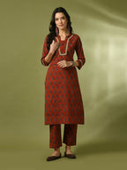 Myshka Women's Rust Printed Cotton Straight Party Kurta Set