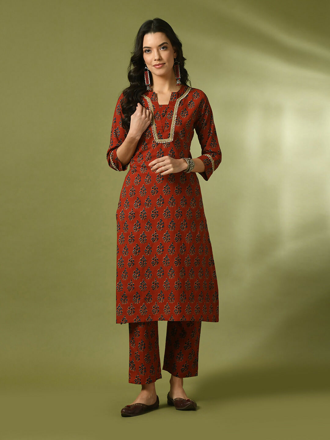 Myshka Women's Rust Printed Cotton Straight Party Kurta Set