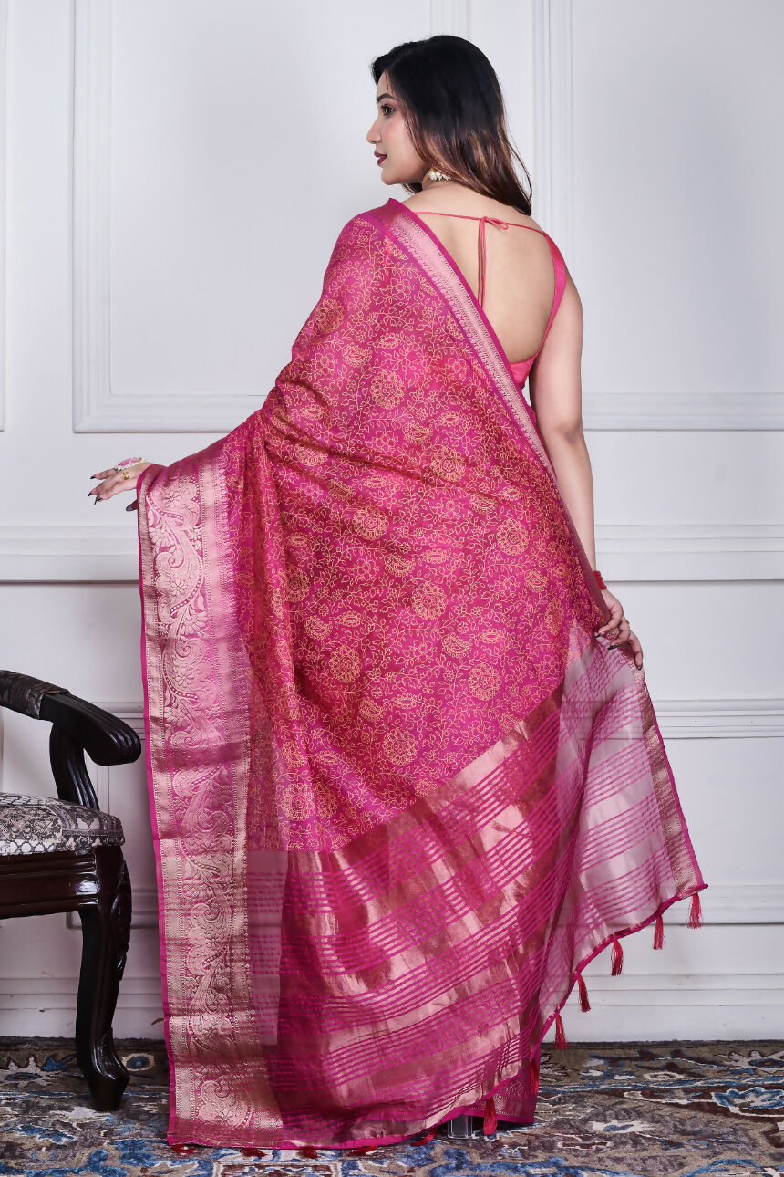 Morchari Pink Script Printed Orzanga Saree Unstitched Blouse - Distacart