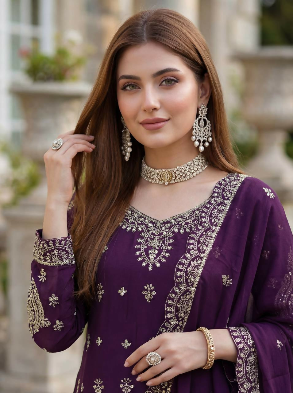 Teeya Creation Wine Chinon Silk Embroidery Work Party Wear Palazzo Pair - Distacart