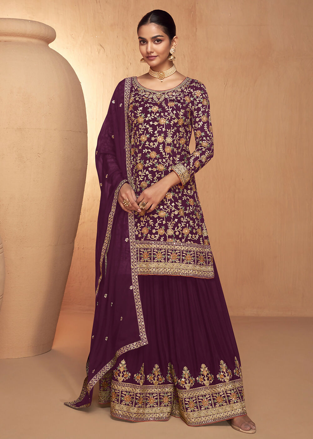 Wine Real Chinnon Embroidered Wedding Festive Palazzo Suit - Emponline