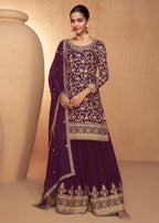 Wine Real Chinnon Embroidered Wedding Festive Palazzo Suit - Emponline