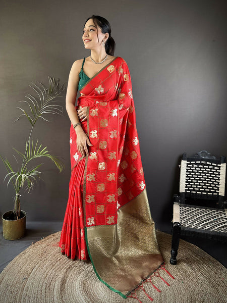 Joban Fashion Red Elephant Motif Soft Silk Banarasi silk Saree
