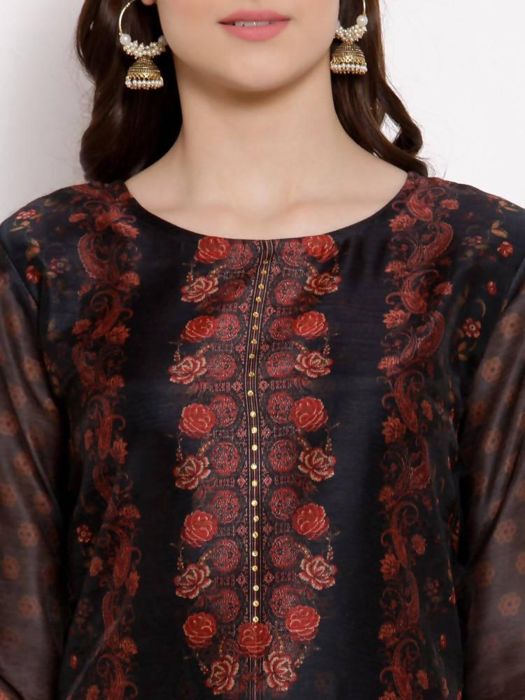 Myshka Women's Multi Chanderi Silk 3/4 Sleeve Round Neck Printed Casual kurta