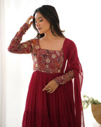 The52 Women's Beautiful Embroidery Work Faux Georgette Fabric Flared Anarkali Pant and Dupatta Set - Distacart