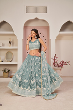 Eilara Women'S Ocean Blue Butterfly Net White Cotton Thread And Zari Sequence Embroidered Work Lehenga Choli For Wedding