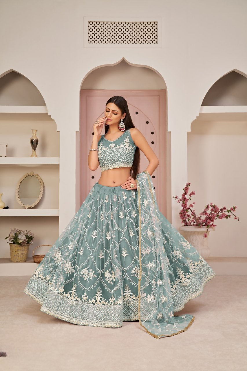 Eilara Women'S Ocean Blue Butterfly Net White Cotton Thread And Zari Sequence Embroidered Work Lehenga Choli For Wedding