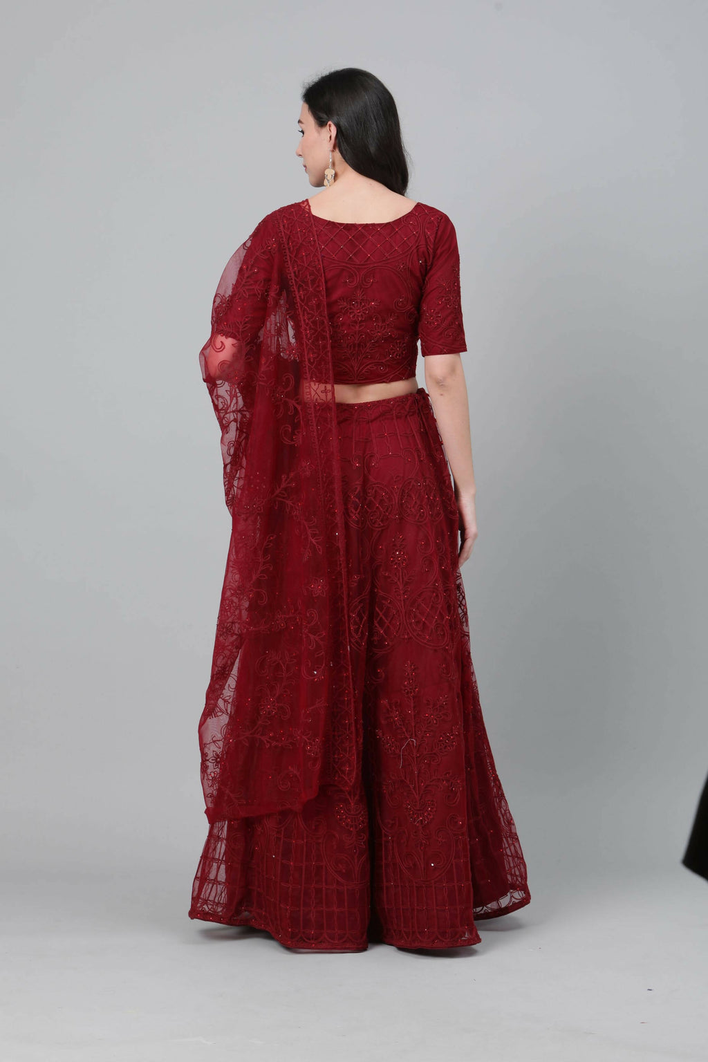 Maroon Net Thread embroidery with stone work Lehenga Choli with Dupatta - Jivika