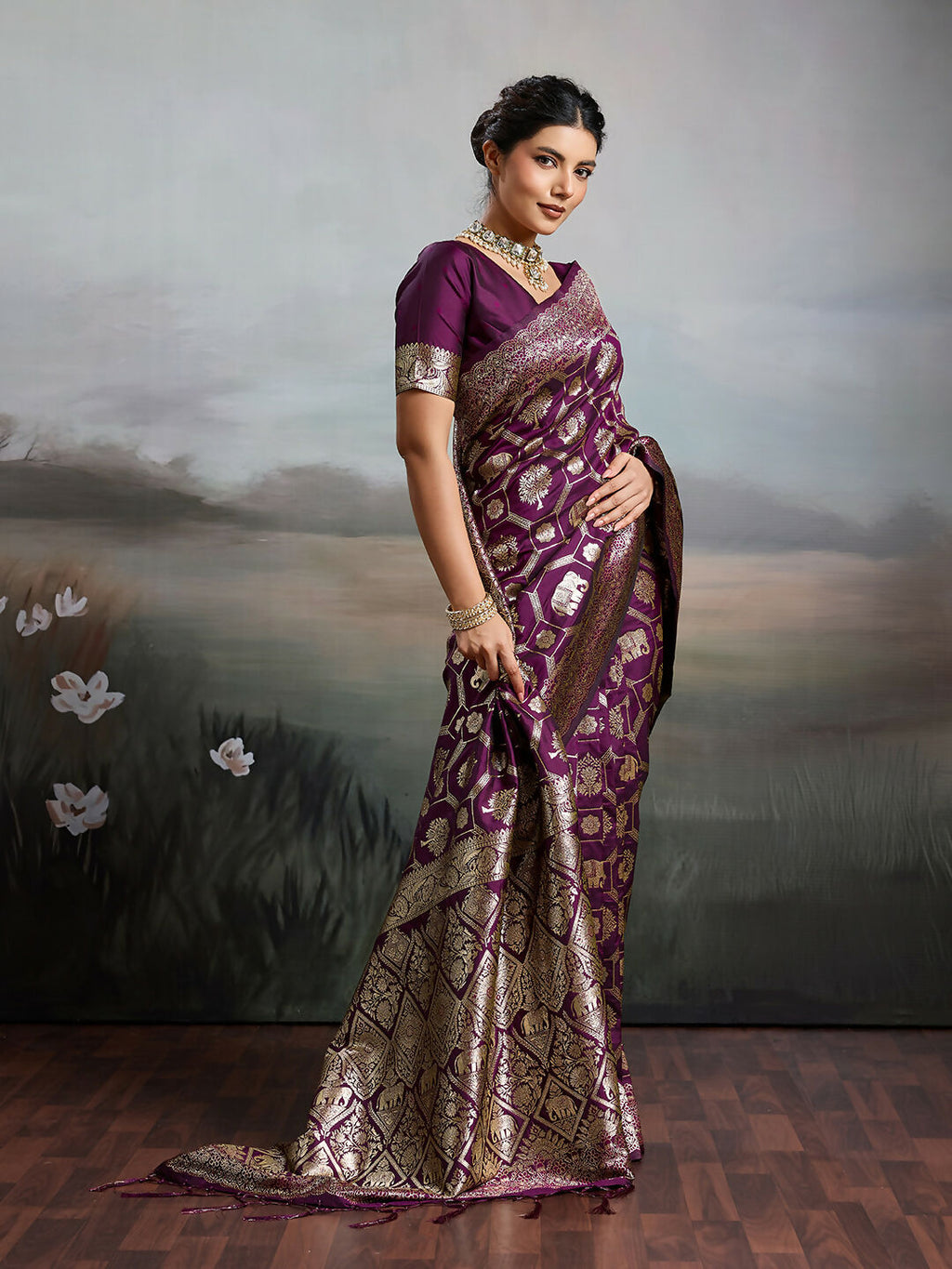 Shree Shyam Fashion Wine Silk Blend Saree - Distacart