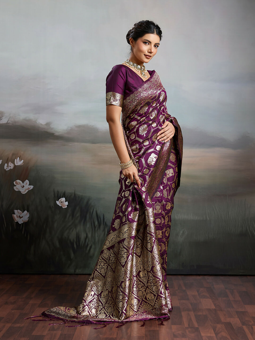Shree Shyam Fashion Wine Silk Blend Saree - Distacart
