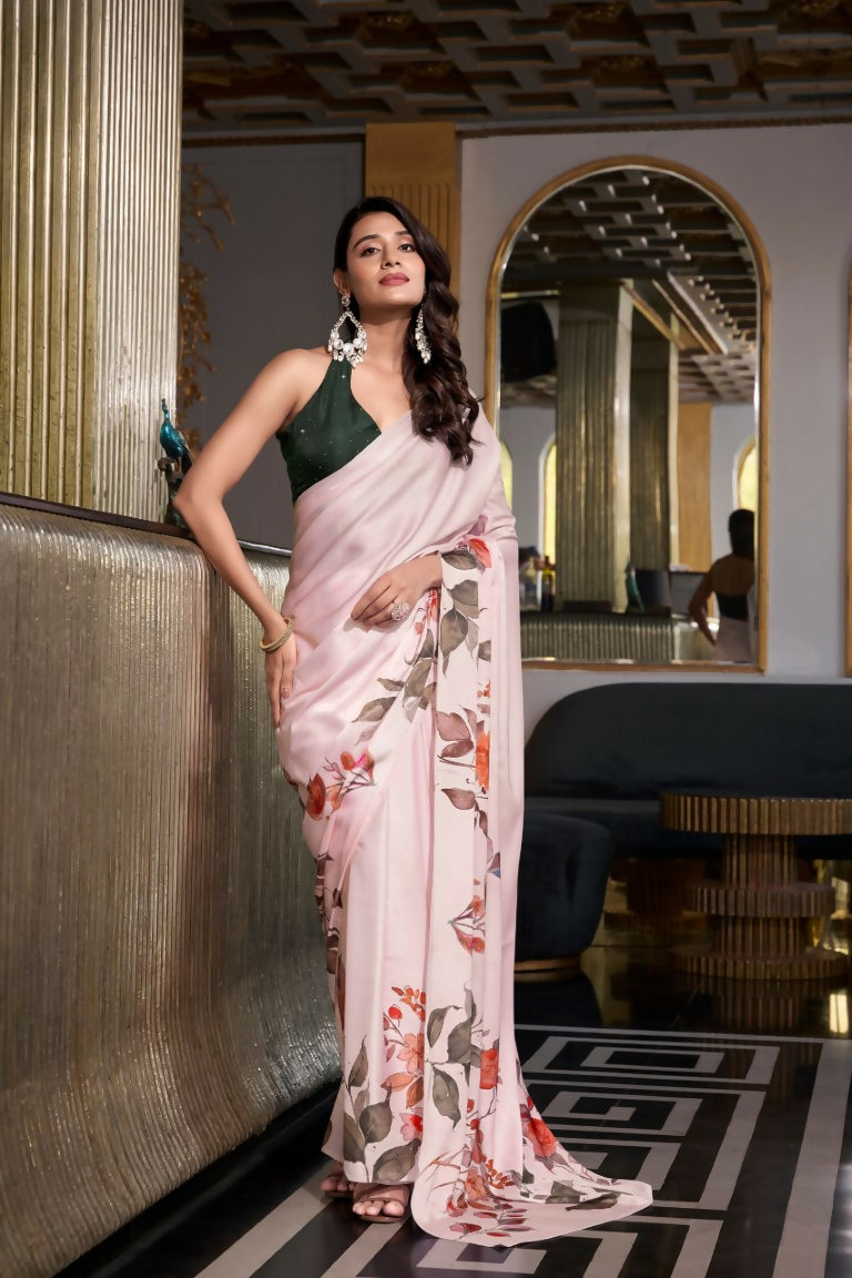 Vastranavya Off White Satin Silk Printed Saree with Hotfix Work Unstitched Blouse