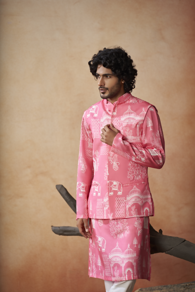 Botanical Architecture Traditional Printed Silk Nehru Jacket Set by Hilo Design
