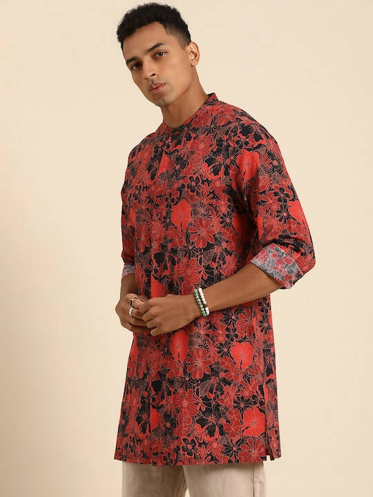 Red & Black Men pure Cotton Floral Printed Straight Kurta - Mahotsav