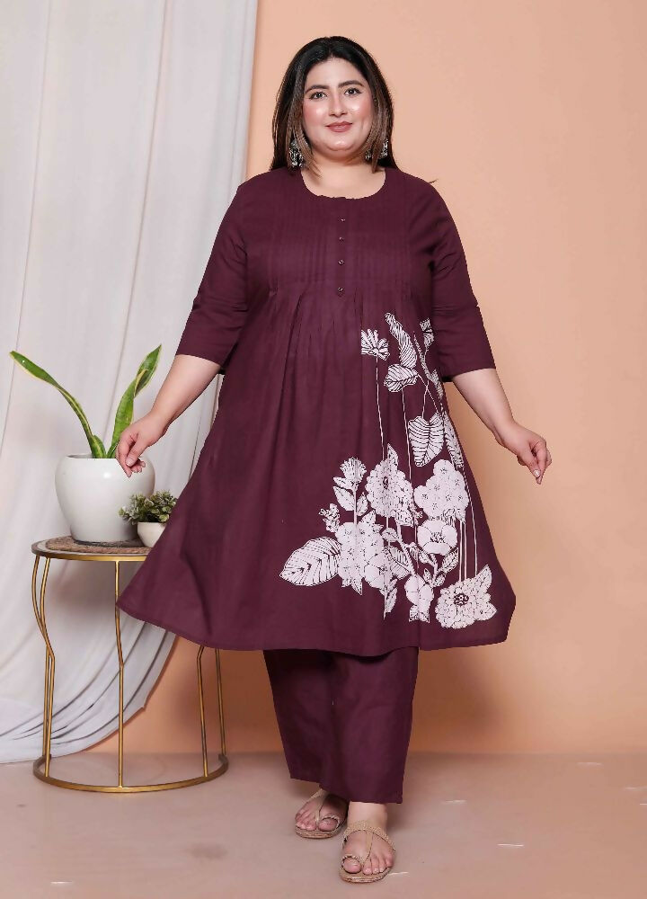 Miravan Womens Plus Size Wine Floral Kurta With Palazzo And Dupatta Set - Distacart