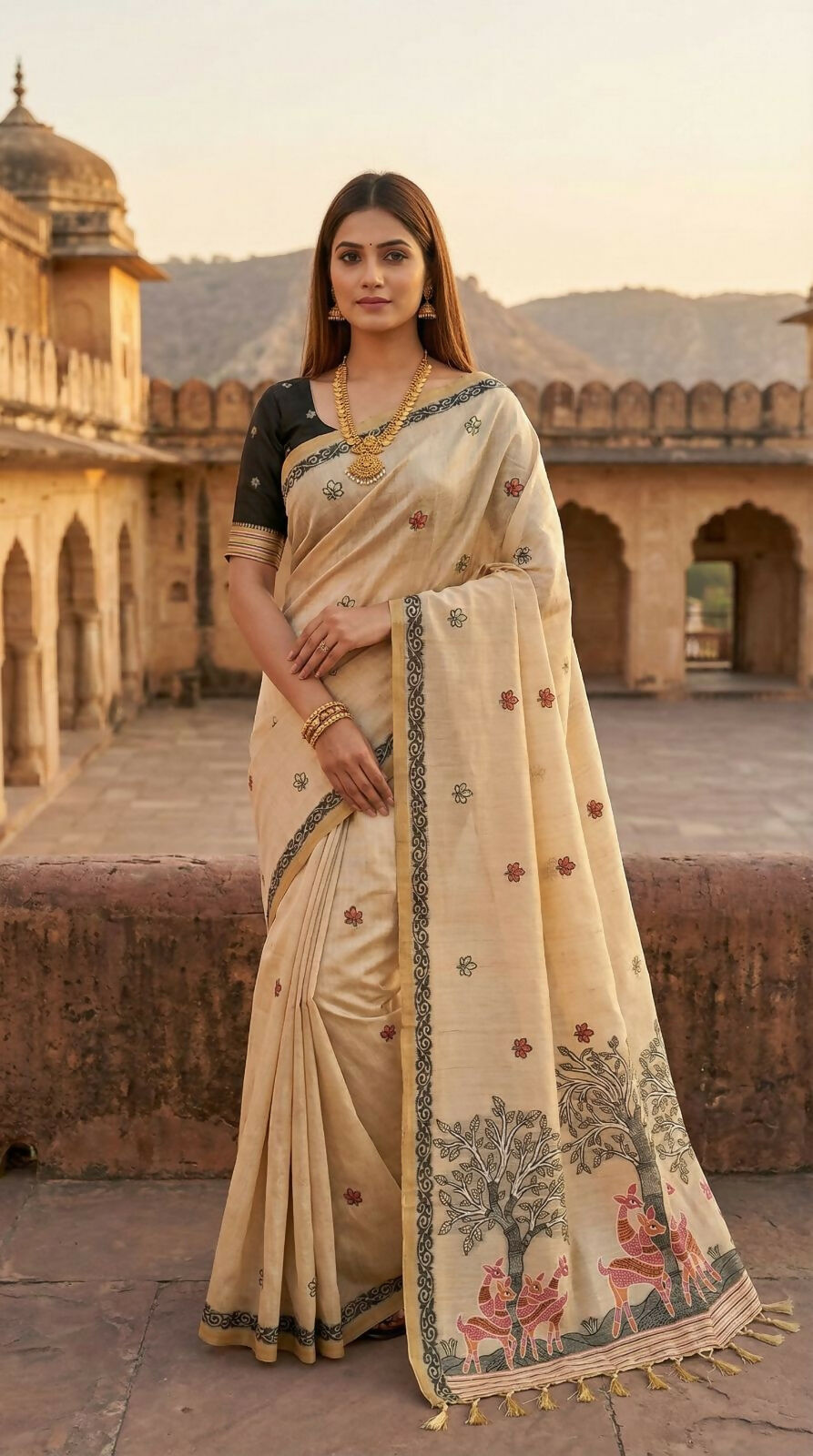 Vastranavya Cream Muga Cotton Meenakari & Azarakh Pallu Saree with Contrast Blouse - Distacart