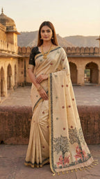 Vastranavya Cream Muga Cotton Meenakari & Azarakh Pallu Saree with Contrast Blouse - Distacart