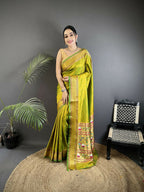 Joban Fashion Lime Green Butti Woven Soft Lichi Silk Paithani Saree - Distacart
