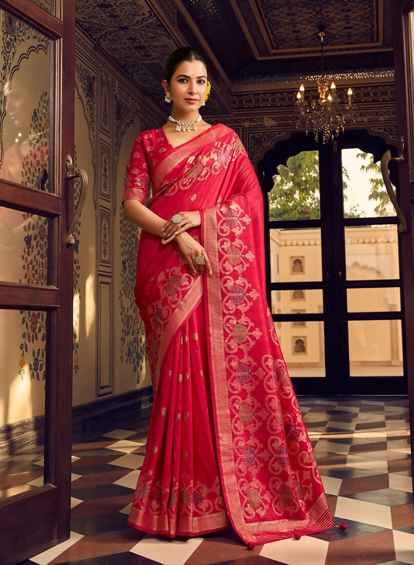 Monjolika Fashion Rani Pink Silk Blend Banarasi Zari Work Classic Saree - Distacart