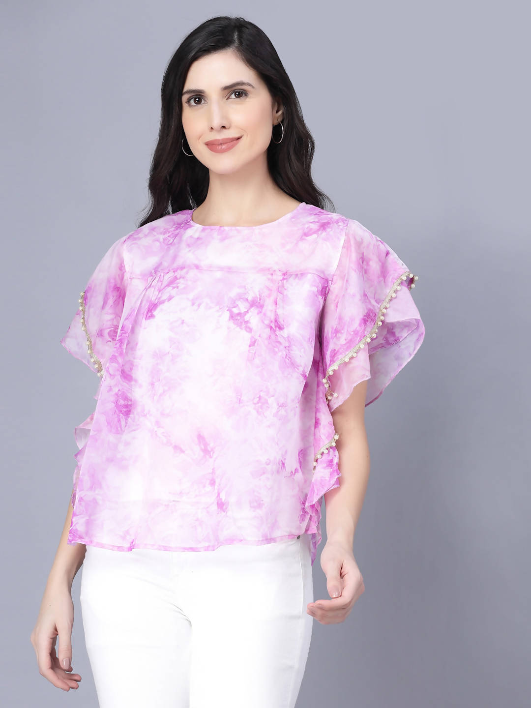 Myshka Organza Printed Short Sleeve Round Pink Women Top - Distacart