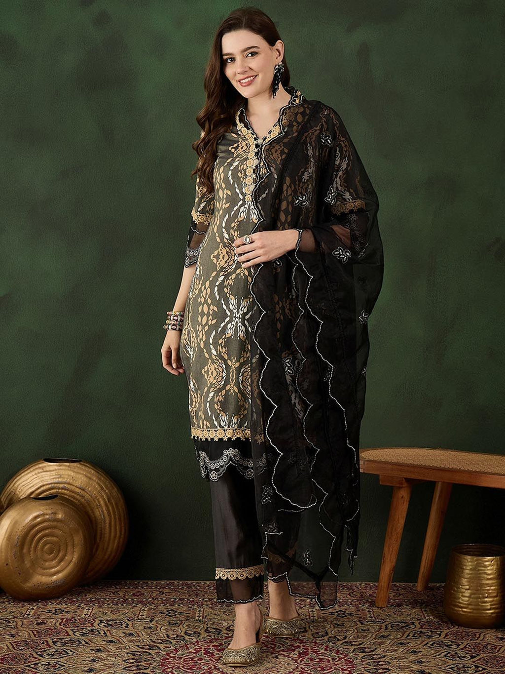 Sangria Printed Straight Kurta, Trouser & Dupatta Set