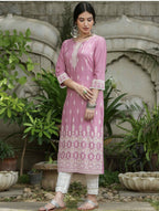 Indian Clothing Cheera Embellished Daily Wear Cotton Blend Kurta - Baby Pink