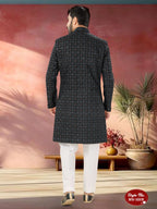 Joban Fashion Men's Blue Base Straight Velvet Thread And Sequence Embroidary All Over Indo-Western Kurta Set