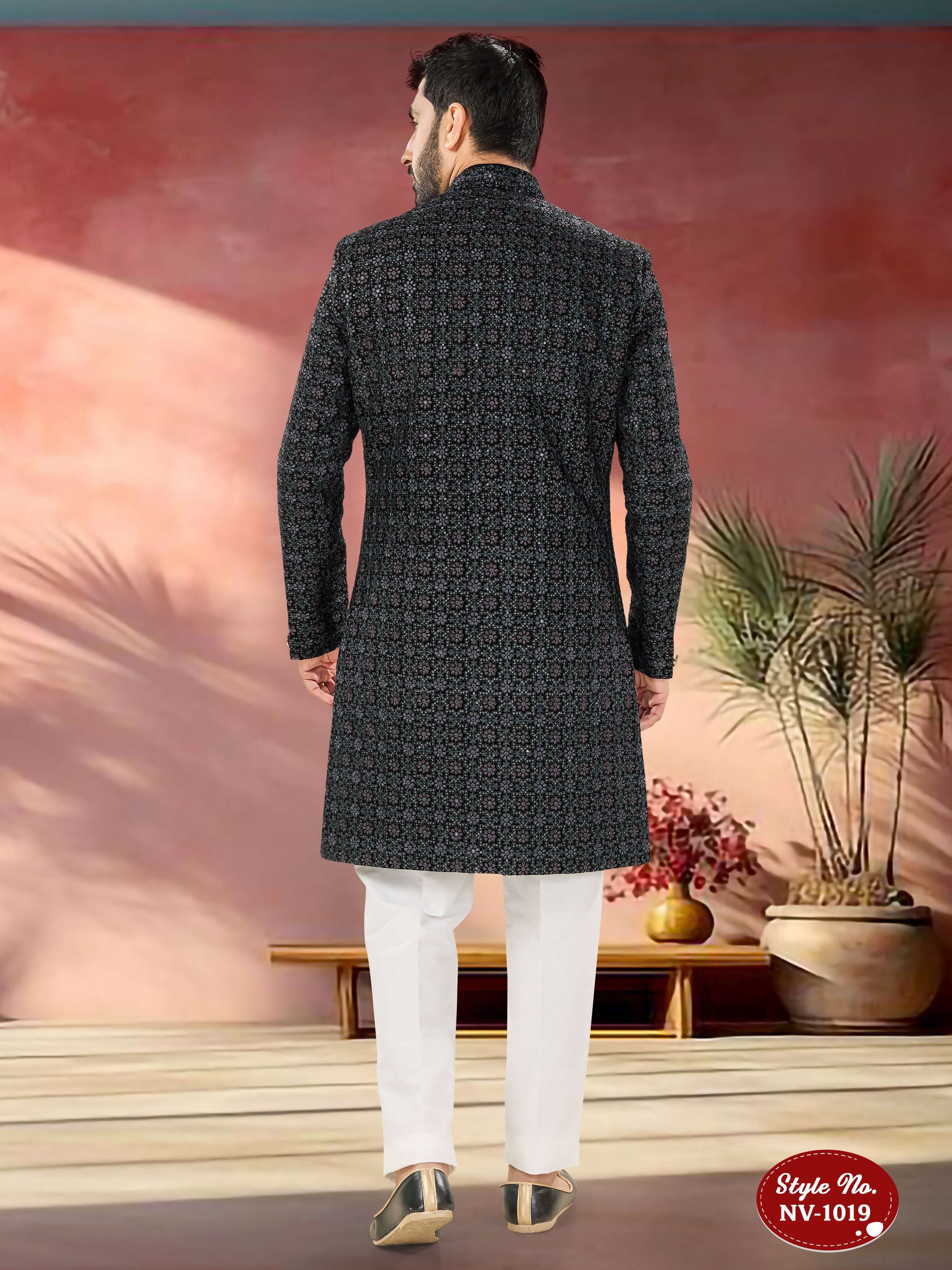 Joban Fashion Men's Blue Base Straight Velvet Thread And Sequence Embroidary All Over Indo-Western Kurta Set