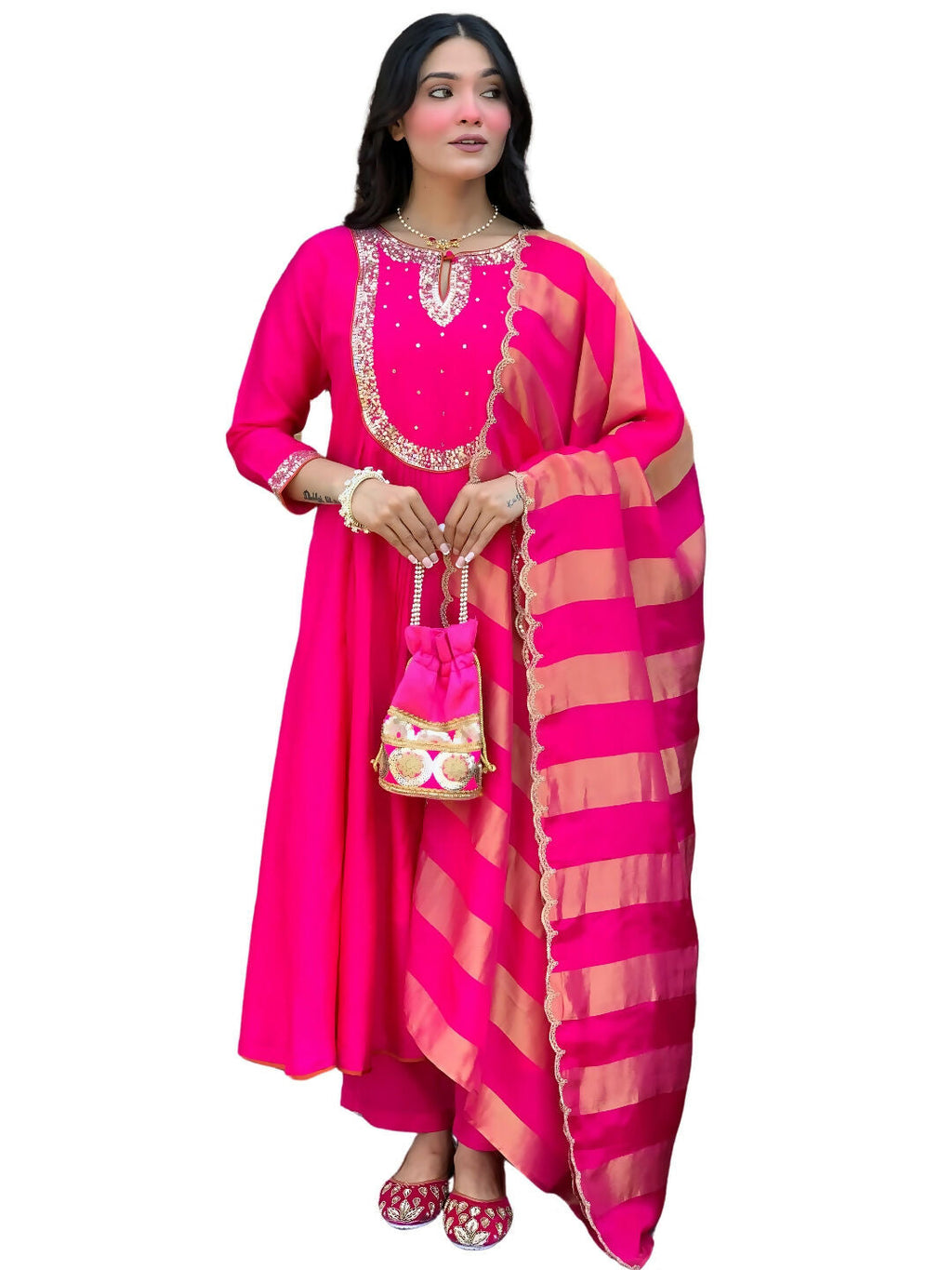 The52 Rani Women's Gorgeous Embroidered Work Chanderi Fabric Flared Kurta Pant and Dupatta Set - Distacart