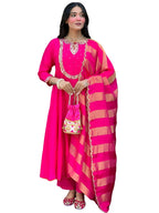 The52 Rani Women's Gorgeous Embroidered Work Chanderi Fabric Flared Kurta Pant and Dupatta Set - Distacart