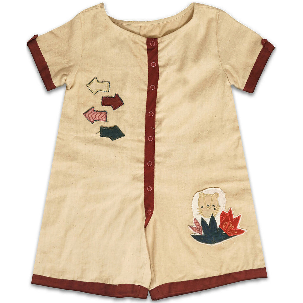 Mhyssa Beige and Maroon Round Neck Short Romper For Kids