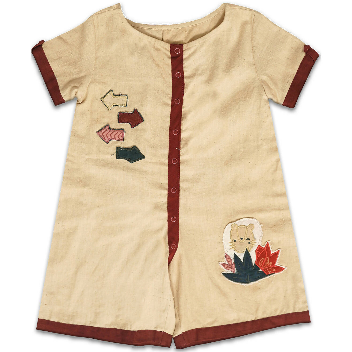 Mhyssa Beige and Maroon Round Neck Short Romper For Kids