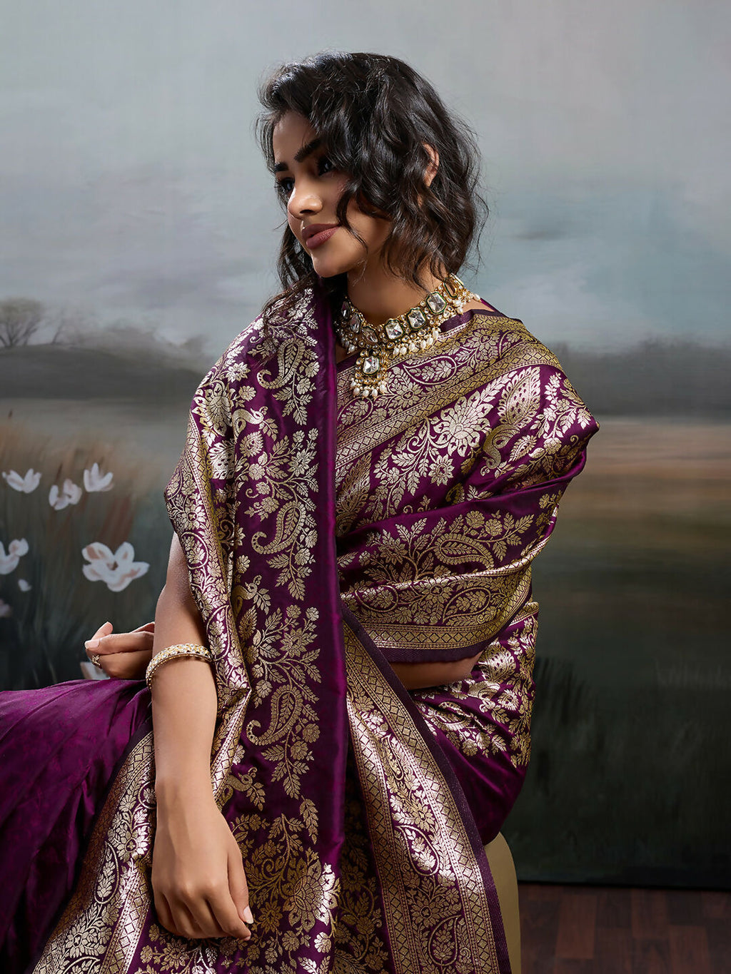 Shree Shyam Fashion Wine Silk Blend Saree - Distacart