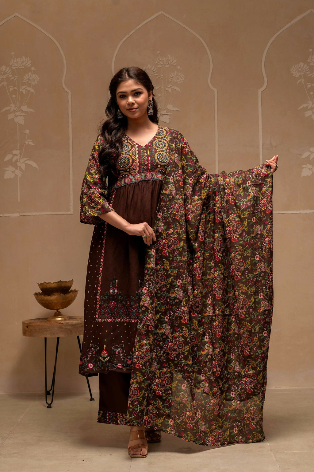 Juniper Brown Floral Viscose Kurta Pant Dupatta Set With Thread Work And Sequence - Distacart