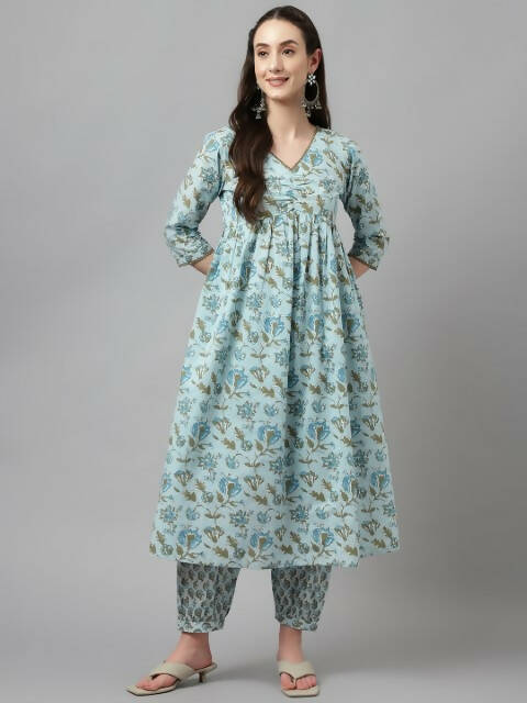 FIORRA Women's Sky Blue Pure Cotton Flared Kurta Set