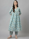 FIORRA Women's Sky Blue Pure Cotton Flared Kurta Set