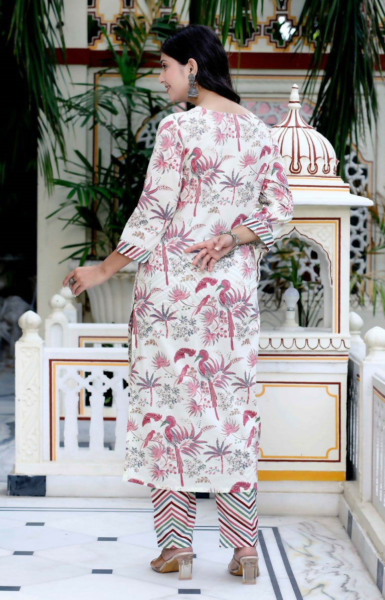 Miravan Women's Cotton Light Pink Floral Printed Straight Pakistani Style Kurta And Palazzo