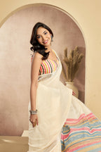 Vastranavya Off White Digital Printed Linen Ready To Wear Pocket Saree with Unstitched Blouse - Distacart
